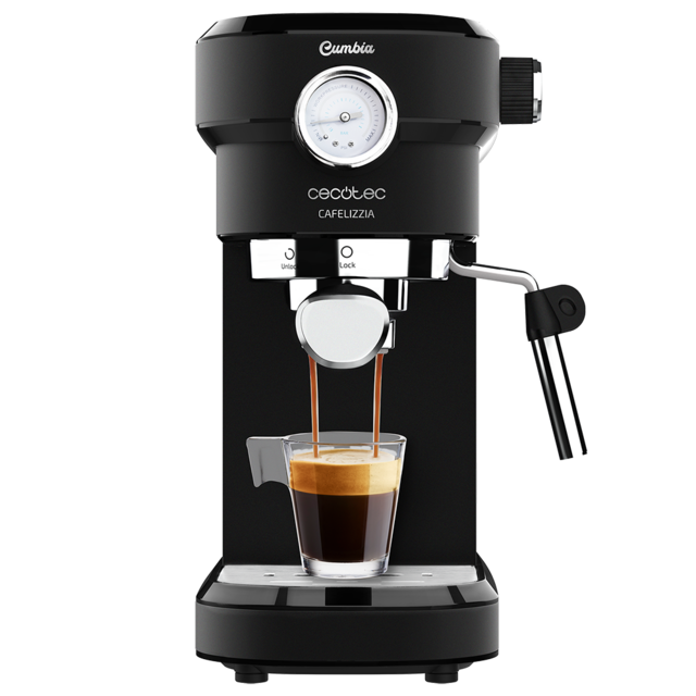 Cecotec Machine à café  Cafelizzia 790 Black Pro - qui prépare du café expresso et des cappuccinos, avec manomètre, 1350 W, système Thermoblock, 20 bars, mode automatique pour 1 ou 2 cafés, défroisseur dirigeable, 1.1L, noir