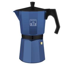 Cafetera Italiana Cumbia Mokclassic 900 Blue Cafetera italiana de aluminio con capacidad para 9 tazas de café en color azul, apta para todo tipo de cocinas y fácil de limpiar.