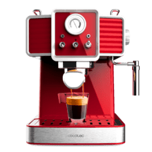 Power Espresso 20 Tradizionale Light Red Machine à café express qui prépare du café expresso et du cappuccino, avec 20 bars, un manomètre et une buse vapeur orientable.