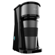 Machine à café avec thermos portable, une finition en acier inoxydable et un intensificateur d’arômes.