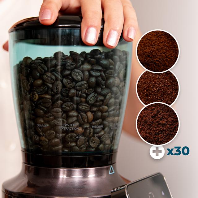 SteelMill Touch Moinho elétrico de café de aço inoxidável com 200 W e 30 níveis de moagem.