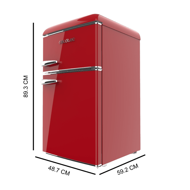 Bolero CoolMarket 2D Origin 86 Red E Mini-frigorífico retro vermelho de duas portas, com 89,3 cm de altura e 48,7 cm de largura, 86 L de capacidade, classe energética E, interior LED e pega cromada.