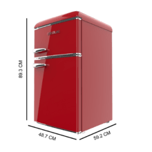 Bolero CoolMarket 2D Origin 86 Red E Mini frigorífico retro de dos puertas rojo de 89,3cm de alto y 48,7 de ancho con capacidad de 86L, clase energética E, LED interior y tirador cromado.