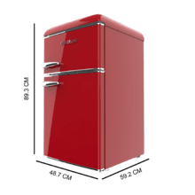 Bolero CoolMarket 2D Origin 86 Red E Mini-réfrigérateur rétro rouge à deux portes, 89,3 cm de hauteur et 48,7 cm de largeur avec une capacité de 86 litres, classe énergétique E, éclairage intérieur LED et poignée chromée.