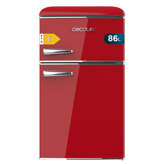 Bolero CoolMarket 2D Origin 86 Red E Mini-réfrigérateur rétro rouge à deux portes, 89,3 cm de hauteur et 48,7 cm de largeur avec une capacité de 86 litres, classe énergétique E, éclairage intérieur LED et poignée chromée.