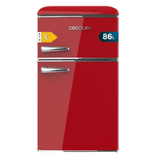 Bolero CoolMarket 2D Origin 86 Red E Roter zweitüriger Mini-Kühlschrank im Retro-Stil mit 89,3 cm Höhe und 48,7 cm Breite, 86 L Fassungsvermögen, Energieklasse E, LED-Innenbeleuchtung und Chromgriff.