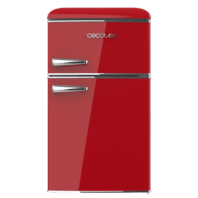 Bolero CoolMarket 2D Origin 86 Red E Minifrigo retrò rosso doppio sportello, alto 89,3 cm e largo 48,7 cm, con capacità di 86 litri, classe energetica E, interno a LED e maniglia cromata.