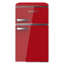 Bolero CoolMarket 2D Origin 86 Red E Roter zweitüriger Mini-Kühlschrank im Retro-Stil mit 89,3 cm Höhe und 48,7 cm Breite, 86 L Fassungsvermögen, Energieklasse E, LED-Innenbeleuchtung und Chromgriff.