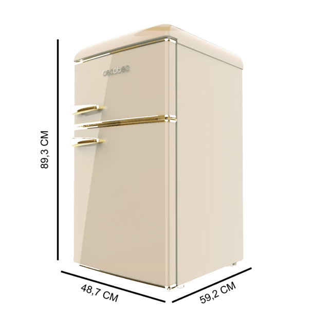 Bolero CoolMarket 2D Origin 86 Beige E Mini frigorífico retro de dos puertas beige de 89,3cm de alto y 48,7 de ancho con capacidad de 86L, clase energética E, LED interior y tirador cromado gold.