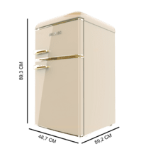 Bolero CoolMarket 2D Origin 86 Beige E Mini frigorífico retro de dos puertas beige de 89,3cm de alto y 48,7 de ancho con capacidad de 86L, clase energética E, LED interior y tirador cromado gold.