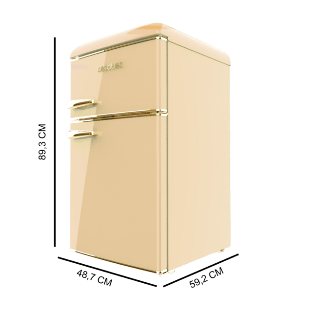 Bolero CoolMarket 2D Origin 86 Beige E Minifrigo retrò beige doppio sportello, alto 89,3 cm e largo 48,7 cm, con capacità di 86 litri, classe energetica E, interno a LED e maniglia cromata gold.