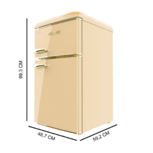 Bolero CoolMarket 2D Origin 86 Beige E Mini-réfrigérateur beige rétro à deux portes de 89,3 cm de hauteur et 48,7 cm de largeur avec une capacité de 86 litres, classe énergétique E, éclairage intérieur LED et poignée chromée dorée.