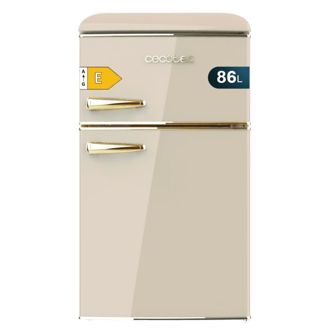 Bolero CoolMarket 2D Origin 86 Beige E Minifrigo retrò beige doppio sportello, alto 89,3 cm e largo 48,7 cm, con capacità di 86 litri, classe energetica E, interno a LED e maniglia cromata gold.