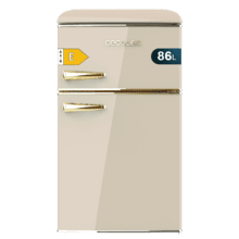 Bolero CoolMarket 2D Origin 86 Beige E Mini-réfrigérateur beige rétro à deux portes de 89,3 cm de hauteur et 48,7 cm de largeur avec une capacité de 86 litres, classe énergétique E, éclairage intérieur LED et poignée chromée dorée.