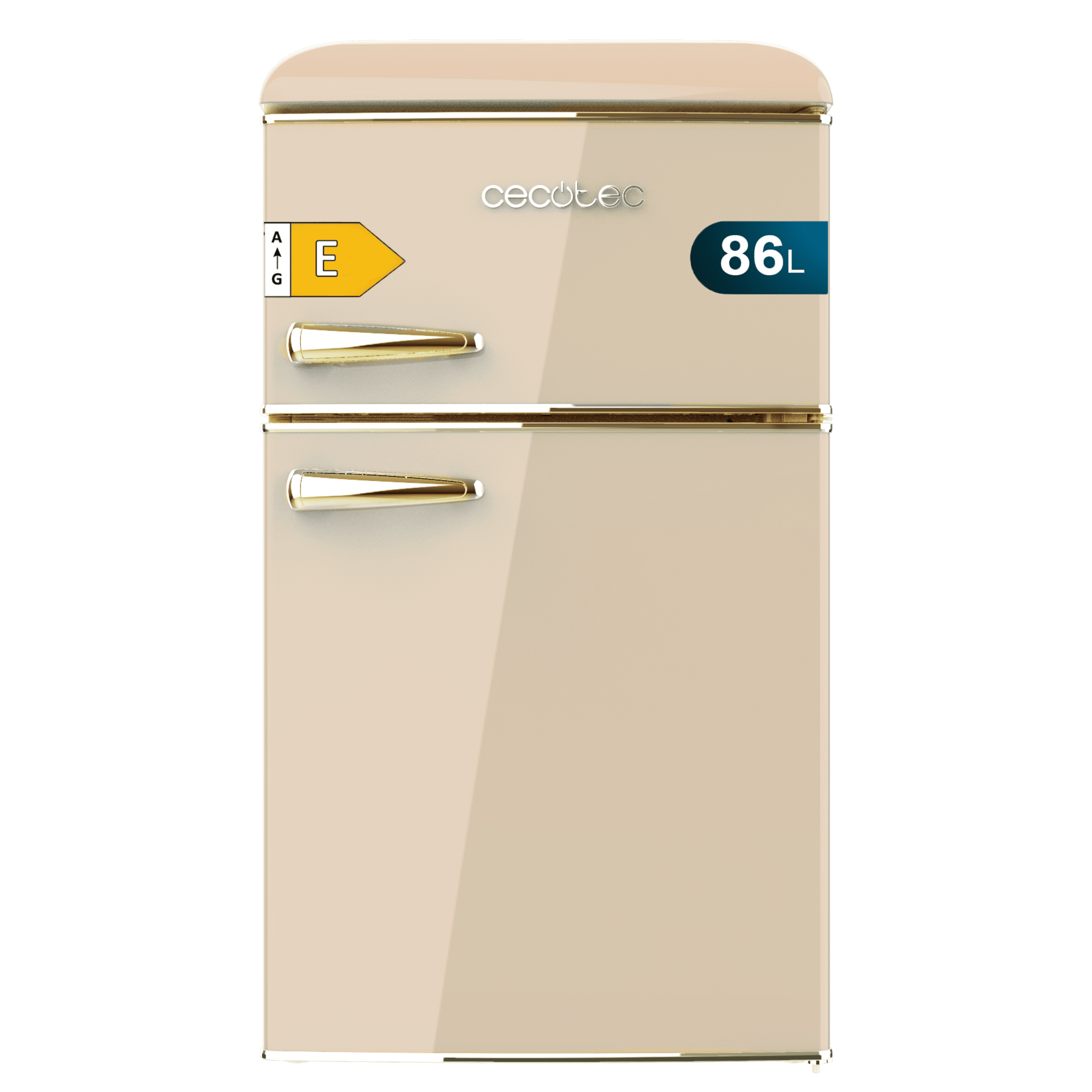 Bolero CoolMarket 2D Origin 86 Beige E Mini-réfrigérateur beige rétro à deux portes de 89,3 cm de hauteur et 48,7 cm de largeur avec une capacité de 86 litres, classe énergétique E, éclairage intérieur LED et poignée chromée dorée.