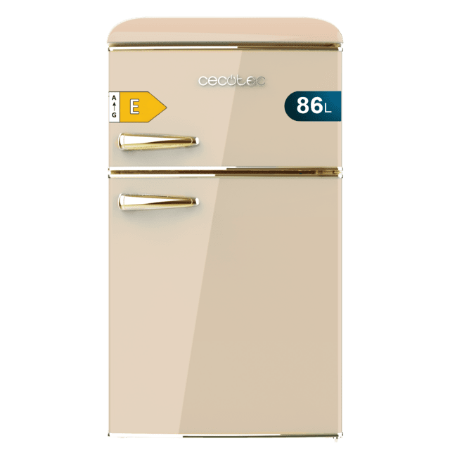 Bolero CoolMarket 2D Origin 86 Beige E Mini frigorífico retro de dos puertas beige de 89,3cm de alto y 48,7 de ancho con capacidad de 86L, clase energética E, LED interior y tirador cromado gold.