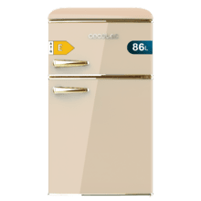 Bolero CoolMarket 2D Origin 86 Beige E Mini frigorífico retro de dos puertas beige de 89,3cm de alto y 48,7 de ancho con capacidad de 86L, clase energética E, LED interior y tirador cromado gold.