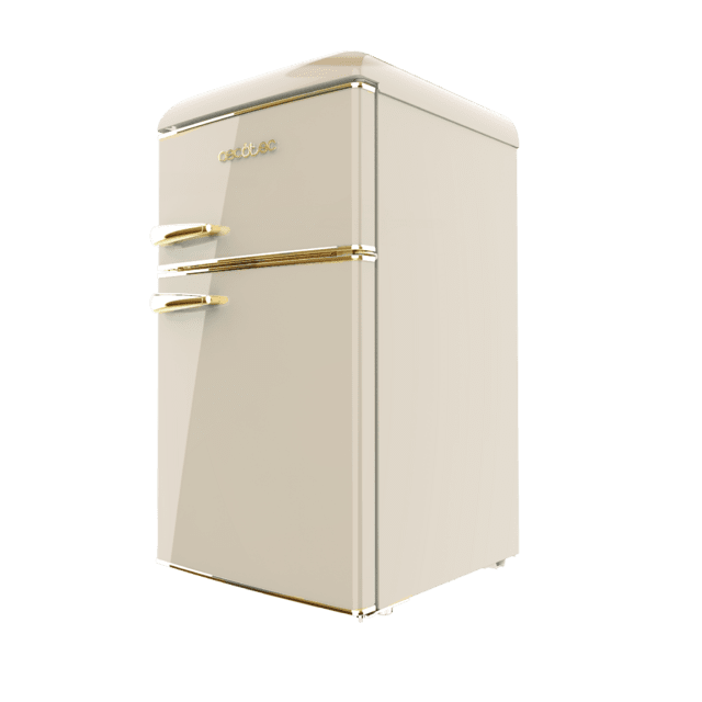 Bolero CoolMarket 2D Origin 86 Beige E Minifrigo retrò beige doppio sportello, alto 89,3 cm e largo 48,7 cm, con capacità di 86 litri, classe energetica E, interno a LED e maniglia cromata gold.