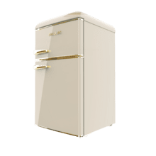 Bolero CoolMarket 2D Origin 86 Beige E Mini-réfrigérateur beige rétro à deux portes de 89,3 cm de hauteur et 48,7 cm de largeur avec une capacité de 86 litres, classe énergétique E, éclairage intérieur LED et poignée chromée dorée.