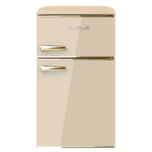 Bolero CoolMarket 2D Origin 86 Beige E Mini frigorífico retro de dos puertas beige de 89,3cm de alto y 48,7 de ancho con capacidad de 86L, clase energética E, LED interior y tirador cromado gold.