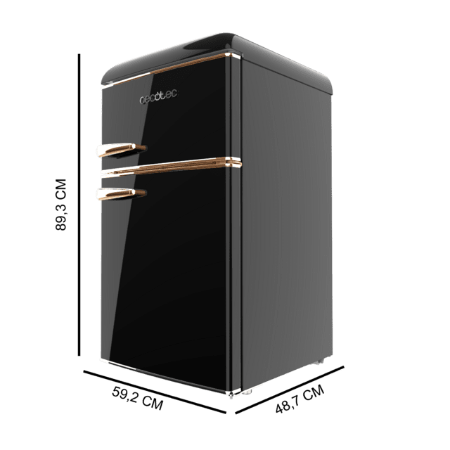 Bolero CoolMarket 2D Origin 86 Black E Mini-réfrigérateur rétro à deux portes noir, 89,3 cm de hauteur et 48,7 cm de largeur avec une capacité de 86 litres, classe énergétique E, éclairage intérieur LED et poignée chromée rose dorée.