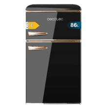 Bolero CoolMarket 2D Origin 86 Black E Mini frigorífico retro de dos puertas negro de 89,3cm de alto y 48,7 de ancho con capacidad de 86L, clase energética E, Luz interior y tirador cromado gold rose.