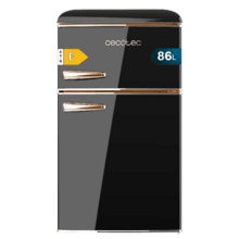 Bolero CoolMarket 2D Origin 86 Black E Mini frigorífico retro de dos puertas negro de 89,3cm de alto y 48,7 de ancho con capacidad de 86L, clase energética E, LED interior y tirador cromado gold rose.