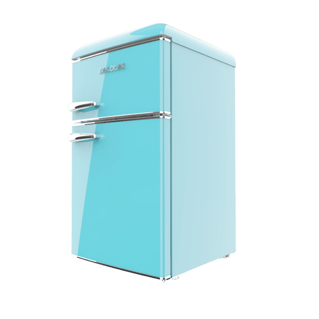 Bolero CoolMarket 2D Origin 86 Blue E Mini frigorífico retro de dos puertas azul de 89,3cm de alto y 48,7 de ancho con capacidad de 86L, clase energética E, LED interior y tirador cromado.