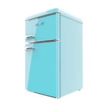 Bolero CoolMarket 2D Origin 86 Blue E Mini frigorífico retro de dos puertas azul de 89,3cm de alto y 48,7 de ancho con capacidad de 86L, clase energética E, LED interior y tirador cromado.