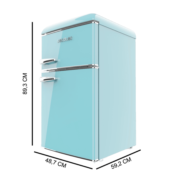 Bolero CoolMarket 2D Origin 86 Blue E Mini-réfrigérateur rétro à deux portes bleu, 89,3 cm de hauteur et 48,7 cm de largeur avec une capacité de 86 litres, classe énergétique E, éclairage intérieur LED et poignée chromée.