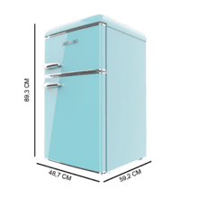 Bolero CoolMarket 2D Origin 86 Blue E Mini frigorífico retro de dos puertas azul de 89,3cm de alto y 48,7 de ancho con capacidad de 86L, clase energética E, LED interior y tirador cromado.