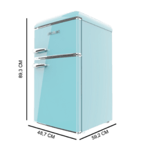 Bolero CoolMarket 2D Origin 86 Blue E Mini-réfrigérateur rétro à deux portes bleu, 89,3 cm de hauteur et 48,7 cm de largeur avec une capacité de 86 litres, classe énergétique E, éclairage intérieur LED et poignée chromée.