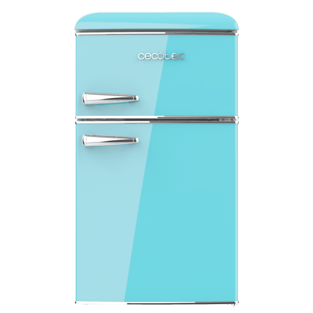 Bolero CoolMarket 2D Origin 86 Blue E Mini frigorífico retro de dos puertas azul de 89,3cm de alto y 48,7 de ancho con capacidad de 86L, clase energética E, LED interior y tirador cromado.