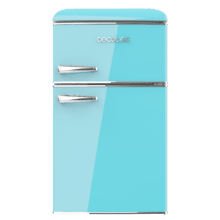 Bolero CoolMarket 2D Origin 86 Blue E Mini frigorífico retro de dos puertas azul de 89,3cm de alto y 48,7 de ancho con capacidad de 86L, clase energética E, LED interior y tirador cromado.