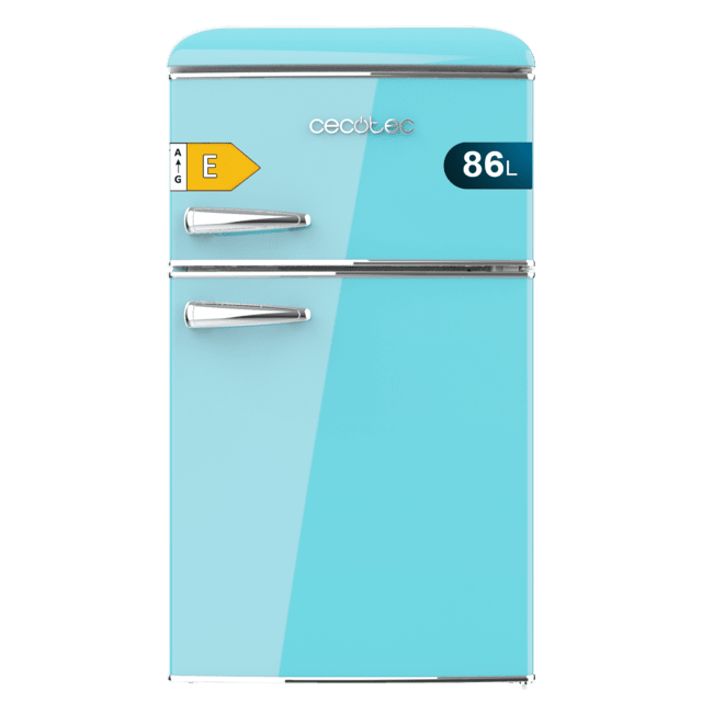 Bolero CoolMarket 2D Origin 86 Blue E Mini frigorífico retro de dos puertas azul de 89,3cm de alto y 48,7 de ancho con capacidad de 86L, clase energética E, LED interior y tirador cromado.