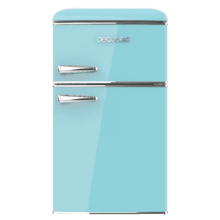 Bolero CoolMarket 2D Origin 86 Blue E Mini frigorífico retro de dos puertas azul de 89,3cm de alto y 48,7 de ancho con capacidad de 86L, clase energética E, LED interior y tirador cromado.