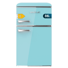 Bolero CoolMarket 2D Origin 86 Blue E Mini frigorífico retro de dos puertas azul de 89,3cm de alto y 48,7 de ancho con capacidad de 86L, clase energética E, LED interior y tirador cromado.