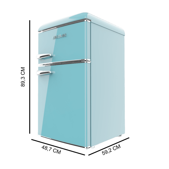 Bolero CoolMarket 2D Origin 86 Blue E Mini frigorífico retro de dos puertas azul de 89,3cm de alto y 48,7 de ancho con capacidad de 86L, clase energética E, LED interior y tirador cromado.