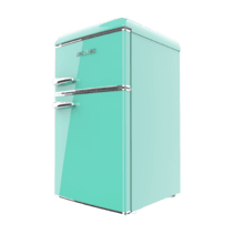 Bolero CoolMarket 2D Origin 86 Green E Mini-réfrigérateur rétro à deux portes vert de 89,3 cm de hauteur et 48,7 cm de largeur avec une capacité de 86 litres, classe énergétique E, éclairage intérieur LED et poignée chromée.