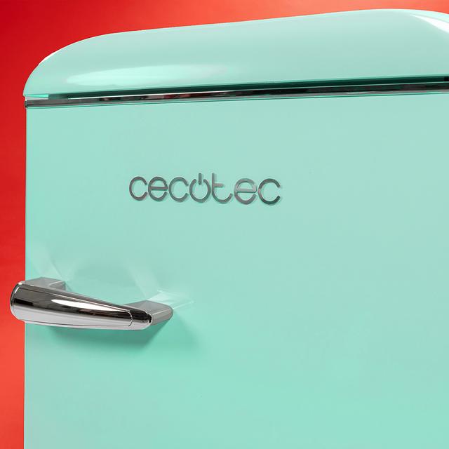 Bolero CoolMarket 2D Origin 86 Green E Mini-réfrigérateur rétro à deux portes vert de 89,3 cm de hauteur et 48,7 cm de largeur avec une capacité de 86 litres, classe énergétique E, éclairage intérieur LED et poignée chromée.