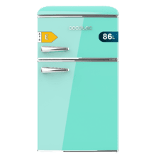 Bolero CoolMarket 2D Origin 86 Green E Minifrigo retrò verde a doppio sportello, alto 89,3 cm e largo 48,7 cm, con capacità di 86 litri, classe energetica E, interno a LED e maniglia cromata.