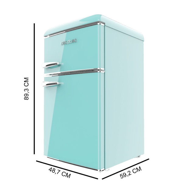 Bolero CoolMarket 2D Origin 86 Green E Mini frigorífico retro de dos puertas verde de 89,3cm de alto y 48,7 de ancho con capacidad de 86L, clase energética E, LED interior y tirador cromado.