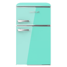 Bolero CoolMarket 2D Origin 86 Green E Mini-réfrigérateur rétro à deux portes vert de 89,3 cm de hauteur et 48,7 cm de largeur avec une capacité de 86 litres, classe énergétique E, éclairage intérieur LED et poignée chromée.