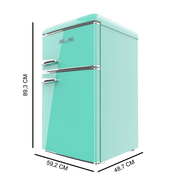 Bolero CoolMarket 2D Origin 86 Green E Mini-réfrigérateur rétro à deux portes vert de 89,3 cm de hauteur et 48,7 cm de largeur avec une capacité de 86 litres, classe énergétique E, éclairage intérieur LED et poignée chromée.