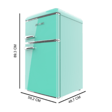 Bolero CoolMarket 2D Origin 86 Green E Mini-réfrigérateur rétro à deux portes vert de 89,3 cm de hauteur et 48,7 cm de largeur avec une capacité de 86 litres, classe énergétique E, éclairage intérieur LED et poignée chromée.