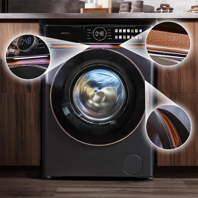 Bolero DressCode 12980 Direct Drive Steel A Lavadora de 12 kg color Steel y clase A, con motor Direct Drive y  1400 rpm. Con pantalla FullColor y acabados en imitación cuero, puerta XXL, luz Interior UV y exterior y funciones SteamMax, Spa Care, Delay End, Favourites, Drum Clean Plus, Stop&Go, y función bloqueo y desbloqueo de puerta