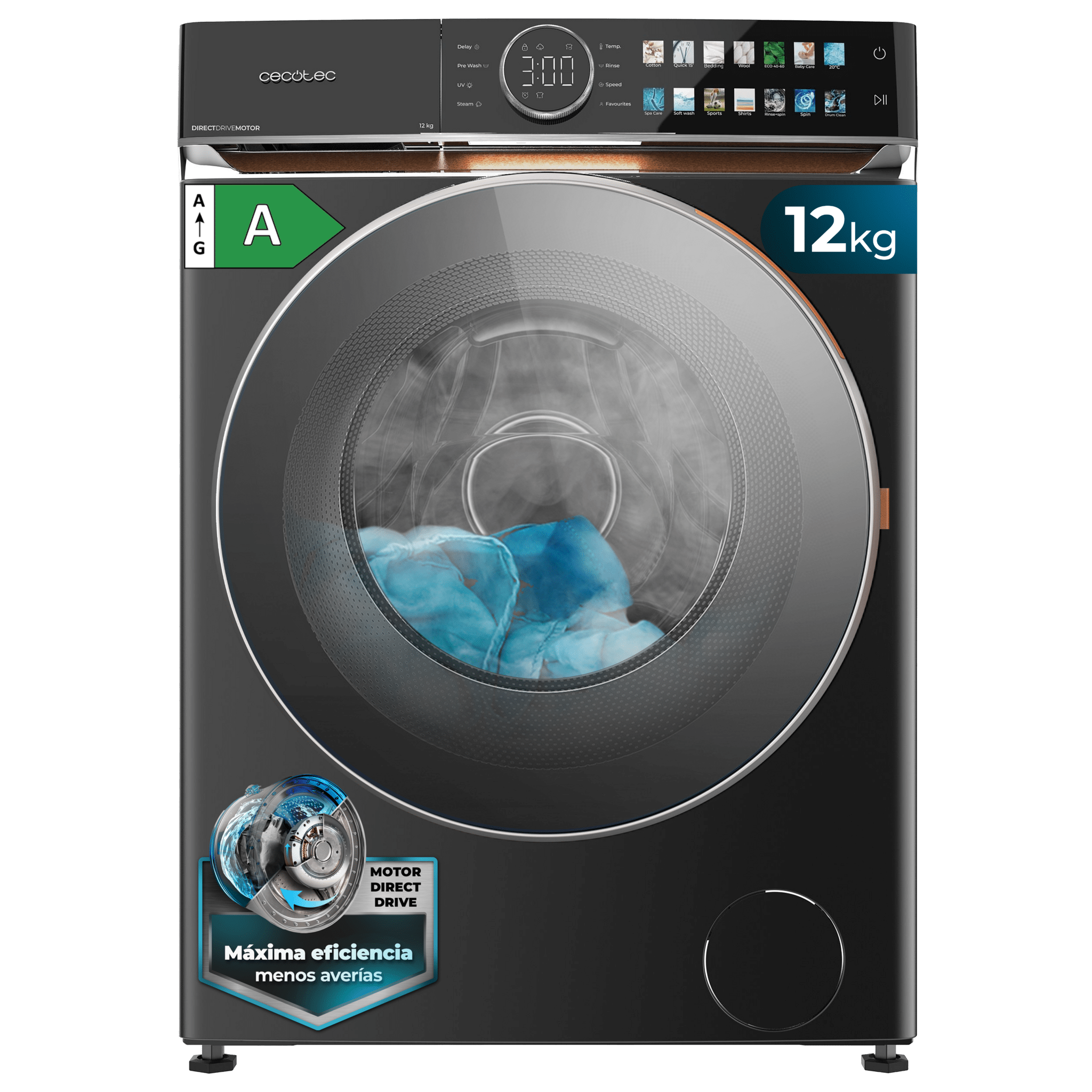 Bolero DressCode 12980 Direct Drive Steel A Lavadora de 12 kg color Steel y clase A, con motor Direct Drive y  1400 rpm. Con pantalla FullColor y acabados en imitación cuero, puerta XXL, luz Interior y exterior y funciones SteamMax, Spa Care, Delay End, Favourites, Drum Clean Plus, Stop&Go, y función bloqueo y desbloqueo de puerta
