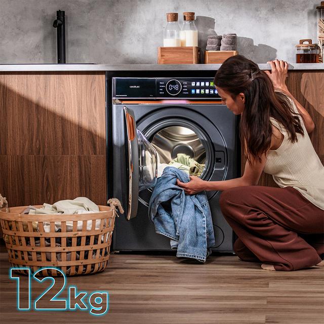 Bolero DressCode 12980 Direct Drive Steel A Lavadora de 12 kg color Steel y clase A, con motor Direct Drive y  1400 rpm. Con pantalla FullColor y acabados en imitación cuero, puerta XXL, luz Interior UV y exterior y funciones SteamMax, Spa Care, Delay End, Favourites, Drum Clean Plus, Stop&Go, y función bloqueo y desbloqueo de puerta