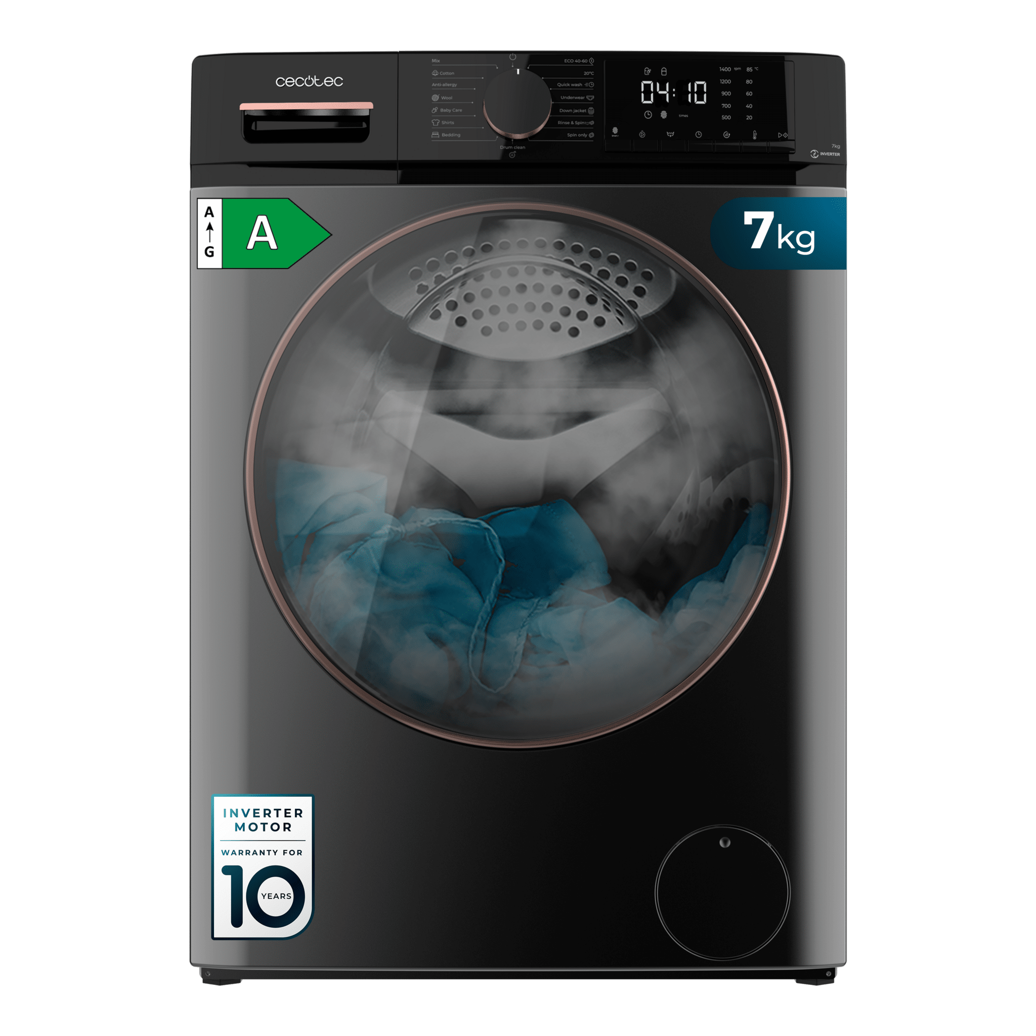 Bolero DressCode 7610 Inverter Steel A Lave-linge à chargement frontal en acier d'une capacité de 7 Kg, 1400 tr/min, classe A, Steam Max, moteur Inverter plus, 15 programmes, OnSmart, Fuzzy Logic, Smooth Wash, Stop&Go, caoutchouc antibactérien et Drum Clean.