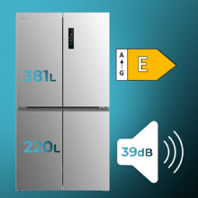 Bolero CoolMarket 4D 601 Inox E Frigorífico de 4 Puertas acero inoxidable, Capacidad de 601 Litros, Ancho de 90.5 cm alto de 177.5 cm, Sistema de conservación NoFrost, Metal Cooling, Cajón Control de Humedad y Cajón convertible, Motor Inverter Plus silencioso y de bajo consumo, Display digital exterior, Clasificación energética Clase E, Funciones Fast Cooling y Fast Freezing, Alarma de puerta Abierta y Alarma temperatura y mal funcionamiento, Modo ECO